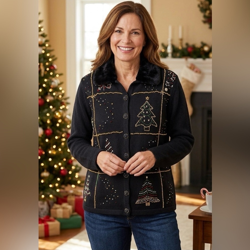 Planet & Company Festive Black Embellished Women's Sweater with faux fur collar